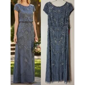 NWT ADRIANNA PAPELL DRESS GOWN SEQUIN BEADED FLORAL DUSTY BLUE BLOUSON MAXI LONG